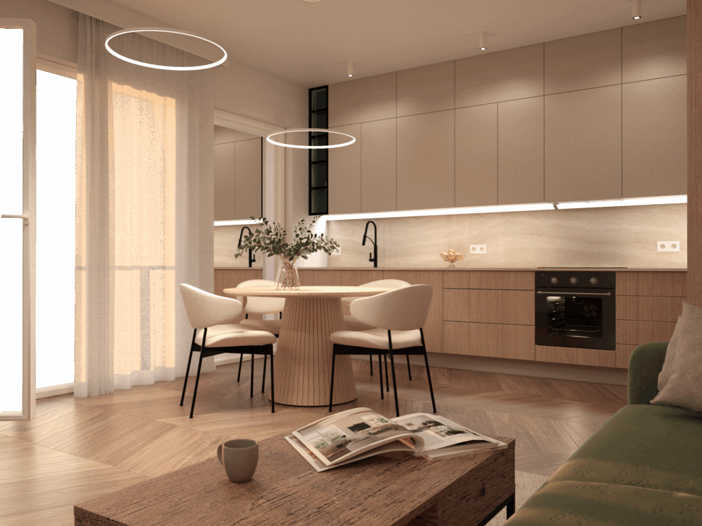 Nowoczesne projekty wnętrz mieszkalnych – wizualizacja aneksu kuchennego