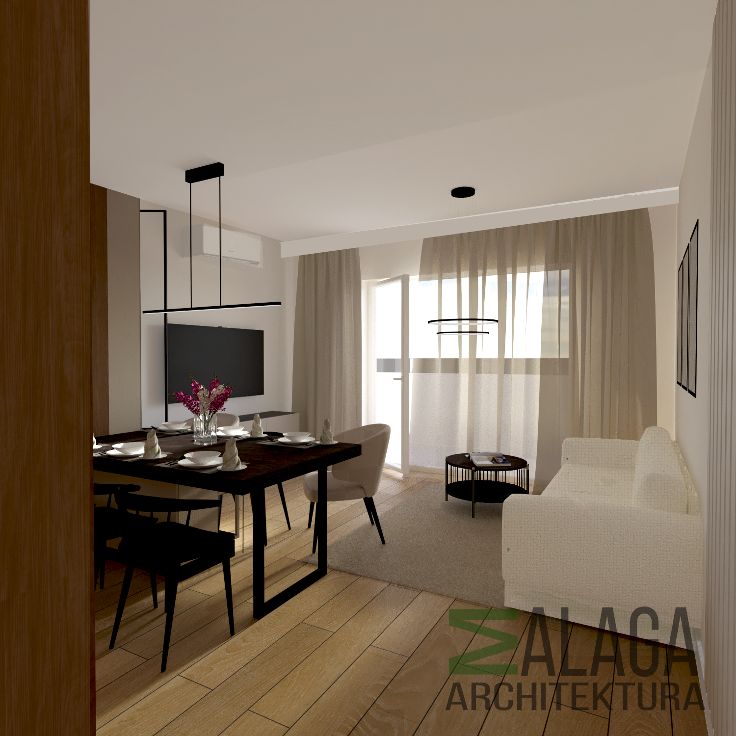 alt="widok na kuchnię z salonem w neutralnych odcieniach – projekt wnętrz Świecie"